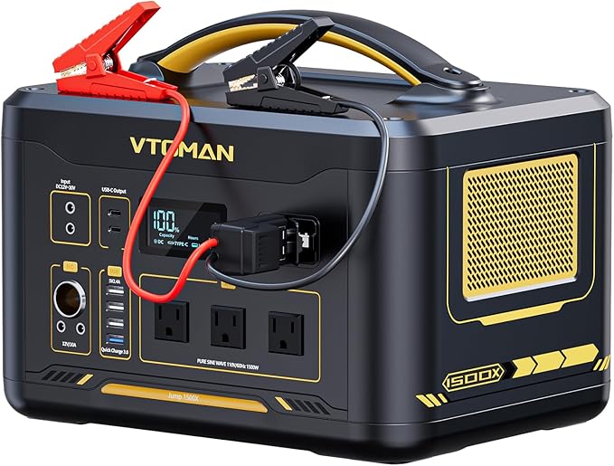 VTOMAN Jump 1500X Portable Power Station with Jumper Cables, 828Wh LiFePO4 Battery Solar Generator with Jump Start for Car, 1500W AC Outlets, 100W PD Type-C&Regulated DC for Home Backup RV Van Camping