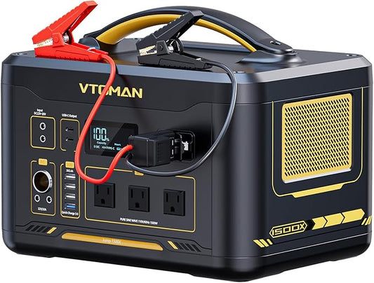 VTOMAN Jump 1500X Portable Power Station with Jumper Cables, 828Wh LiFePO4 Battery Solar Generator with Jump Start for Car, 1500W AC Outlets, 100W PD Type-C&Regulated DC for Home Backup RV Van Camping