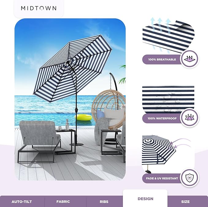 Midtown Umbrellas 10-Year-No-Fade - 9 Ft - UV Proof Navy Stripes Polyester Fabric - Umbrella Outdoor Patio, Auto-Tilt Aluminum Frame Patio Umbrella for Garden, Pool & Deck - Black Pole