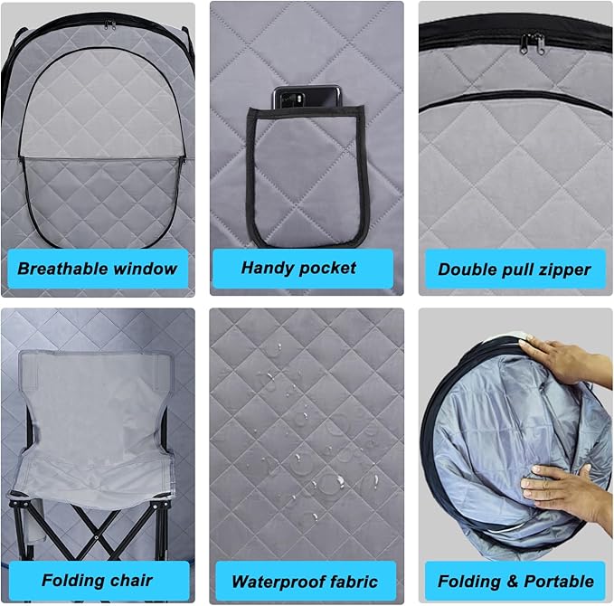 Foldable Portable Steam Sauna, Personal Sauna Tent for Home SPA with 1000w 2.2L Steamer, Folding Chair, Remote Control, Gray