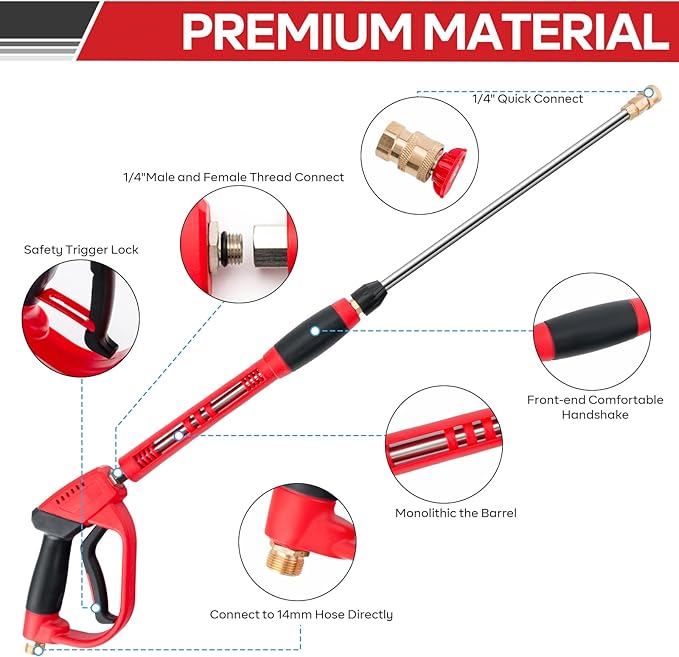 High Pressure Washer Gun 5000 PSI, Power Washer Gun with Replacement Wand Extension, 5 Nozzle Tips, 1/4''Quick Connect Plug and M22-14mm & M22-15mm Fitting, 40 Inch
