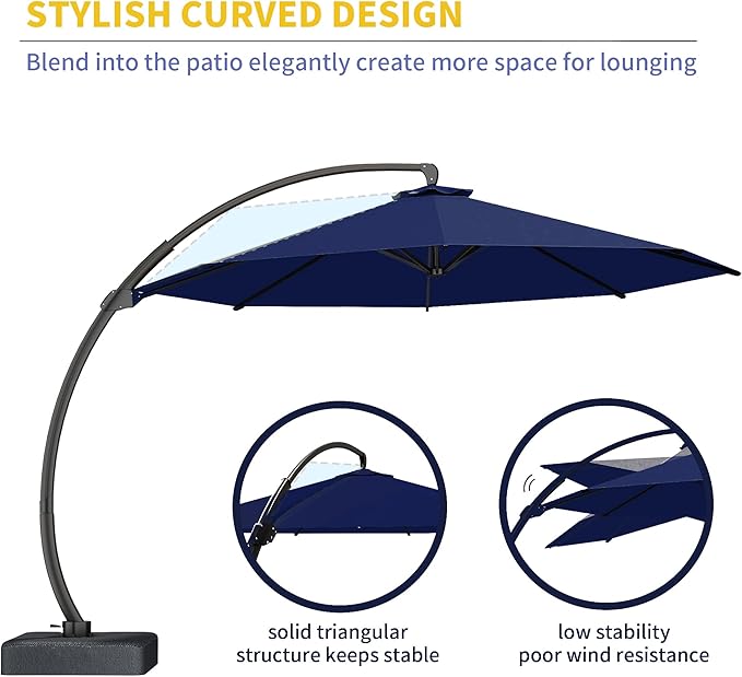 Kingdura 12ft Offset Cantilever Patio Umbrella with Base Included, Large Round Aluminum Outdoor Umbrella, 360° Rotation & Infinite Tilt, Heavy Duty Frame for Deck Pool Backyard, Navy blue
