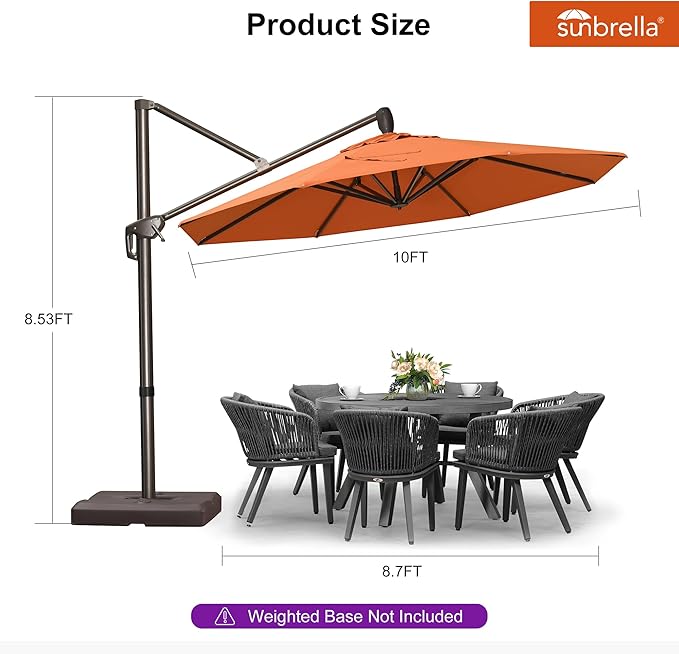 PURPLE LEAF 10FT Cantilever Patio Umbrella with 360-degree Rotation Aluminum Round Outdoor Offset Hanging Umbrella for Patio Pool, Burnt Orange