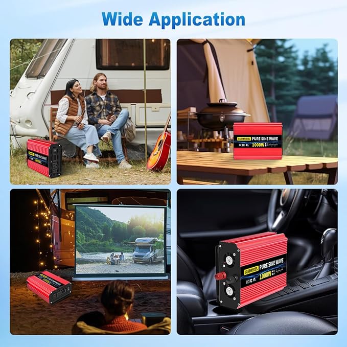 SUNWHEEL 1000W Pure Sine Wave Inverter, 12V DC to 110V/120V AC Power Inverter for RV、Off Grid、Truck、Refrigerator with 2 AC outlets and LCD Display