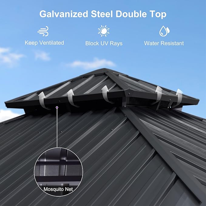 PURPLE LEAF 12'x12' Hardtop Gazebo with Lights Heavy-Duty Galvanized Steel Double Roof Outdoor Patio Gazebo Including Netting and Curtains for Garden Lawn Backyard Grey