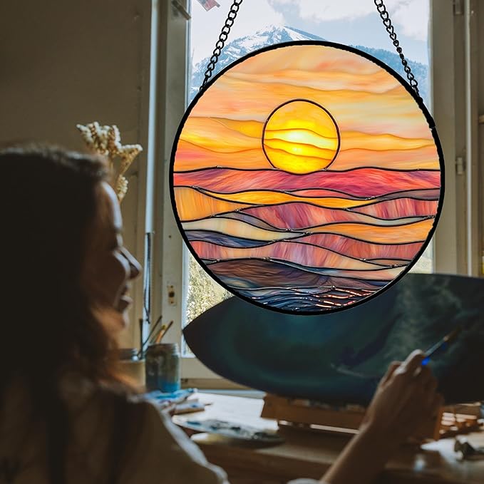 Stained Glass Window Hanging, Orange Sunrise Suncatcher Diamond Glass Panel Hangings Scenery Sun Catchers Decor for Birthday for Women, Men, Wife, Aunt, and Mom 14.9 in