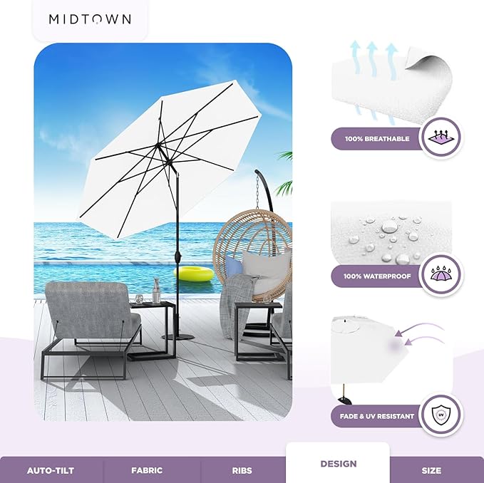 Midtown Umbrellas 10-Year-No-Fade - 9 Ft - UV Proof Ivory White Polyester Fabric - Umbrella Outdoor Patio, Auto-Tilt Aluminum Frame Patio Umbrella for Garden, Pool & Deck - Black Pole