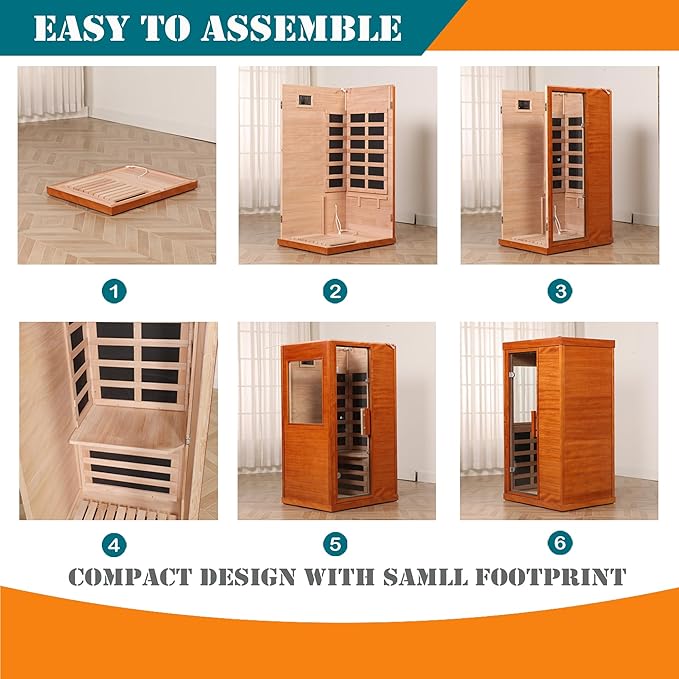 Far Infrared Saunas for Home, 1 Person Sauna Indoor Okoume Wood 1170W Low Emf Dry Sauna Room with Bluetooth Audio, 6 Heaters Panels and Tempered Glass Door (Natural, 35.4" * 27.5" * 63.3")