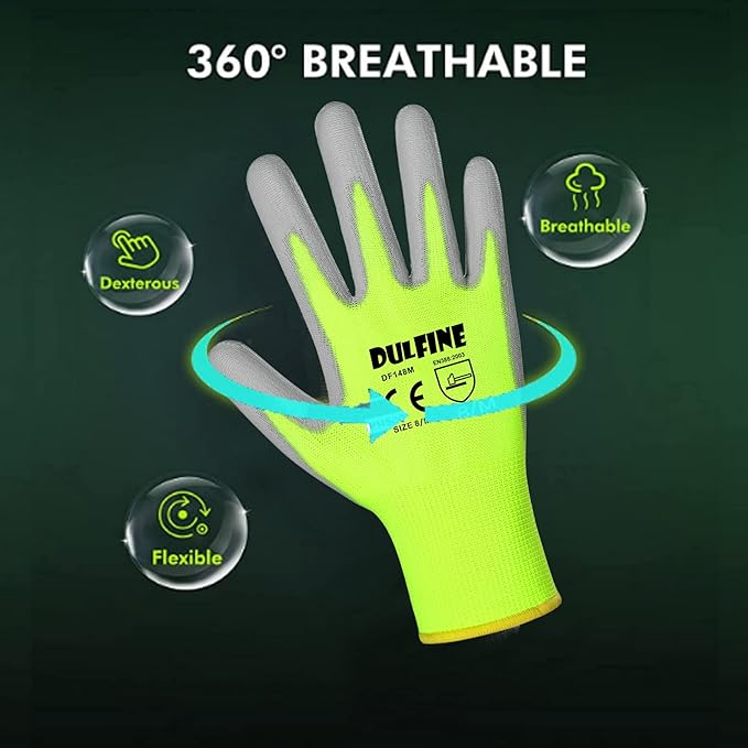 Safety Work Gloves for Men PU Coated 12 Pairs Bulk Pack,Hi-Vis Yellow Seamless Knit Glove with thin Polyurethane Coated Smooth Grip on Palm & Fingers,Ideal for General Duty Work (Medium)