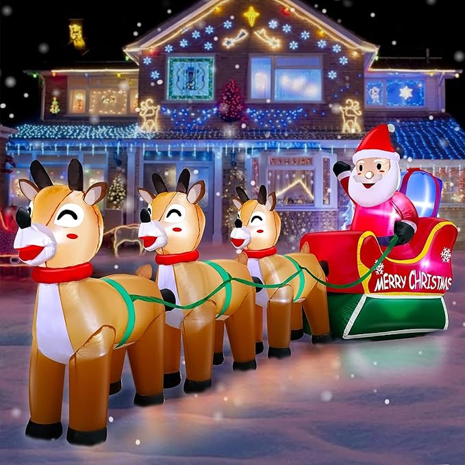 TURNMEON 12 Feet Long Christmas Inflatable Decorations Outdoor LED Lighted Santa Claus on Sleigh Three Reindeer Deer Gift Box Blow up Yard Christmas Decor Outside Lawn Garden Party 12 Stakes 2 Tethers