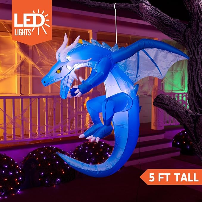 Joiedomi 5 Ft Tall Halloween Inflatables Hanging Ice Dragon Outdoor Decorations, Hanging Ice Dragon Blow Up for Yard with Build-in LEDs, Halloween Inflatables Party Supplies Outdoor Decor for Yard