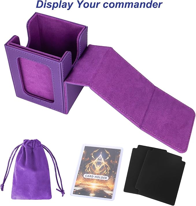 AFIING MTG Deck Box for Commander Display,Card Deck case Fits 100 Double Sleeved Cards, Magic Commander TCG Card Storage Box with 2 Dividers,Dice Bag and 1 Toploader(Purple)