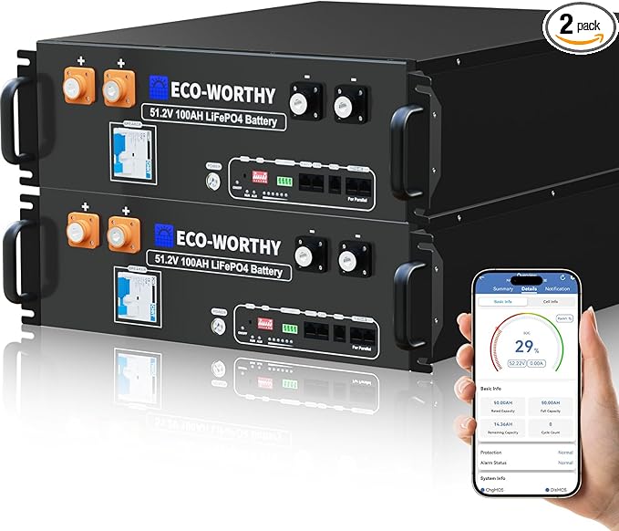 ECO-WORTHY 48V 200Ah LiFePO4 Lithium Battery (2 Pack 48V 100AH) w/Bluetooth | UL1973 & UL9540A & CEC Listed | 10.24KWh Server Rack Battery for Solar Energy Storage, Home Backup Power