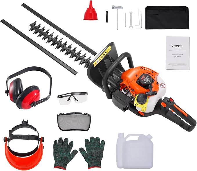 VEVOR Gas Hedge Trimmer 2 Cycle, 23.2-Inch 26cc Dual Sided Blade, Handheld, Lightweight, EPA, CE, EMC Certified, Ideal for Trimming Shrubs and Bushes, Includes Blade Cover, Gloves and Ear Protectors