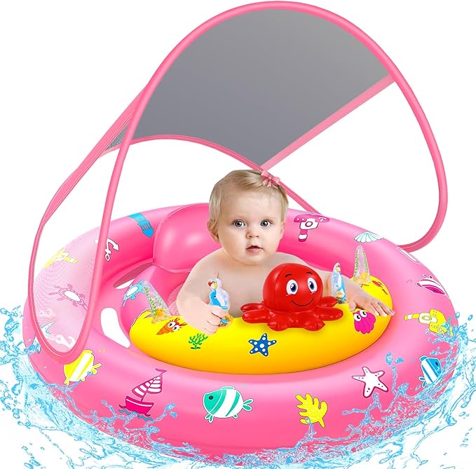 Baby Pool Float with Canopy, Inflatable Baby Swim Float with UPF50+ Sun Protection, Toddler Infant Pool Float with Toy Play Console Adjustable Safety Seat for Kids Girls Boys Aged 6-36 Months
