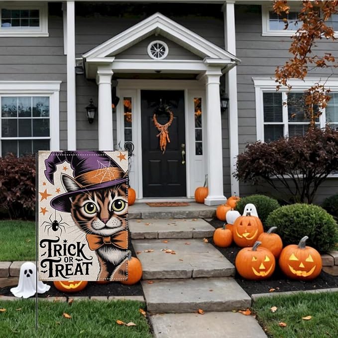 HTBIG Halloween Decor Garden Flag, Halloween Cat Trick or Treat Garden Flag, Yard Flags for Outside 12x18 inch, Outside Yard for Home Decorations