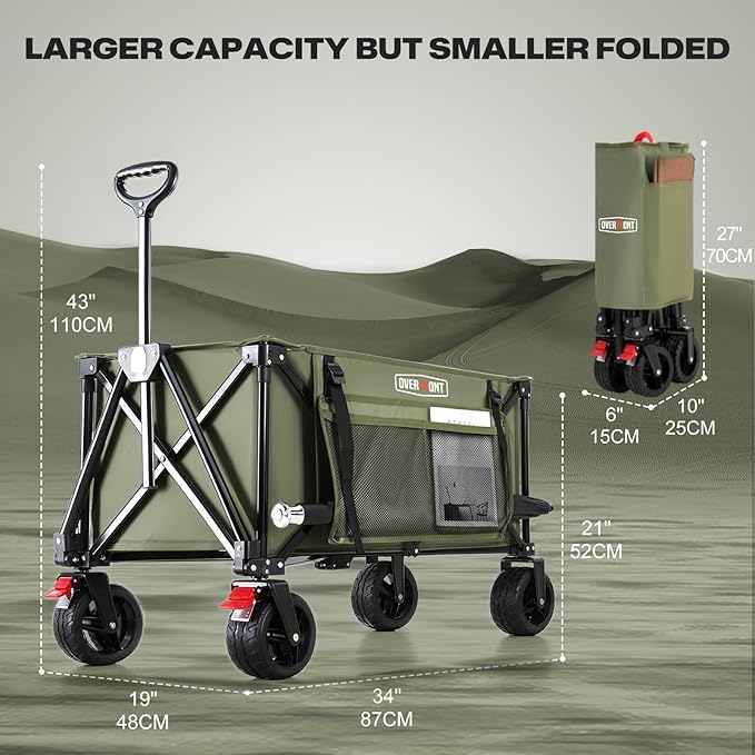 Overmont Collapsible Wagon Cart with Wheels - 180L Foldable Heavy Duty Wagon with Big All-Terrain Wheels - 330Lbs Weight Capacity with Side Pockets for Camping Sports Garden Grocery Shopping Green