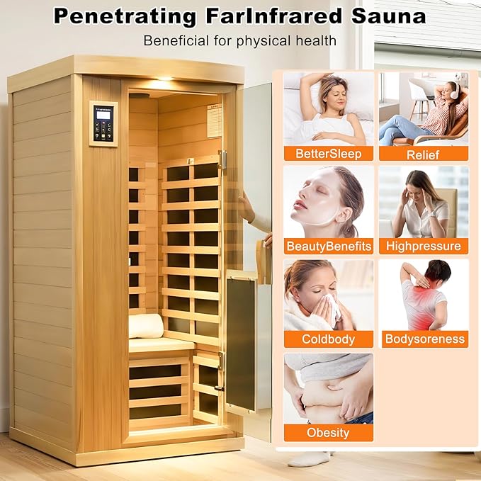 Infrared Sauna Home Sauna Box Deluxe 1 Person Red Cedar Indoor Far Infrared Sauna Room with LED Reading Light, Control System, Audio System, Bean Paste Red