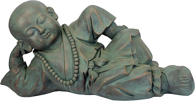 Design Toscano Resting Serene Baby Monk Asian Boy Garden Statue, 24 inches Wide, 12 inches Tall, Cast Stone Resin, Green Bronze Finish