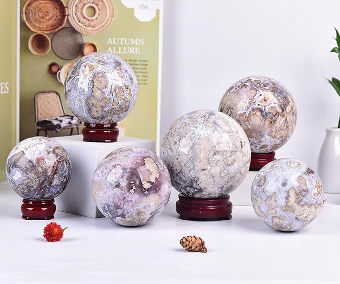 JIC Gem Large Blue Cherry Blossom Agate Crystal Ball with Stand Crystal Sphere Natural Sakura Flower Agate Stone Reiki Healing Meditation Witchcraft Home Decor 4 inch(100mm)