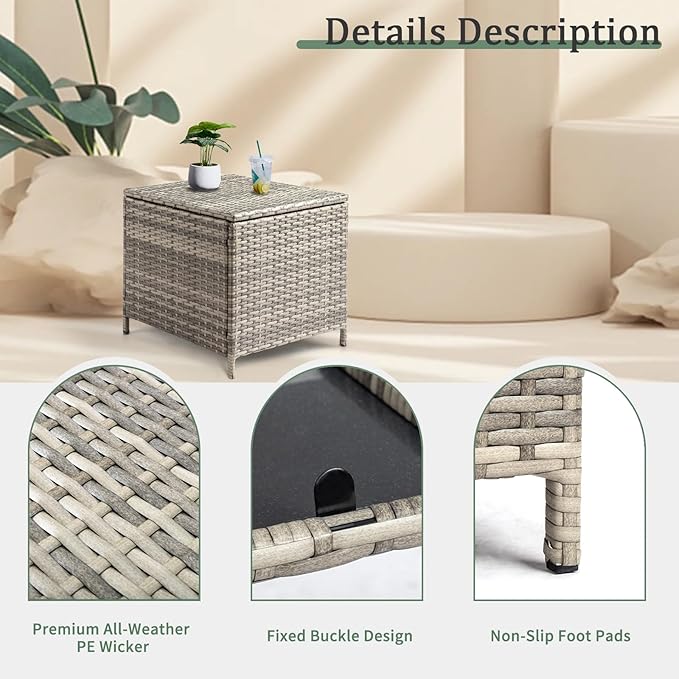 Outvita Outdoor Side Table, Rattan Coffee Table with Storage 27 Gallon Patio Small Deck Storage Box for Cushion Towel Books, Brown Side Table with lid