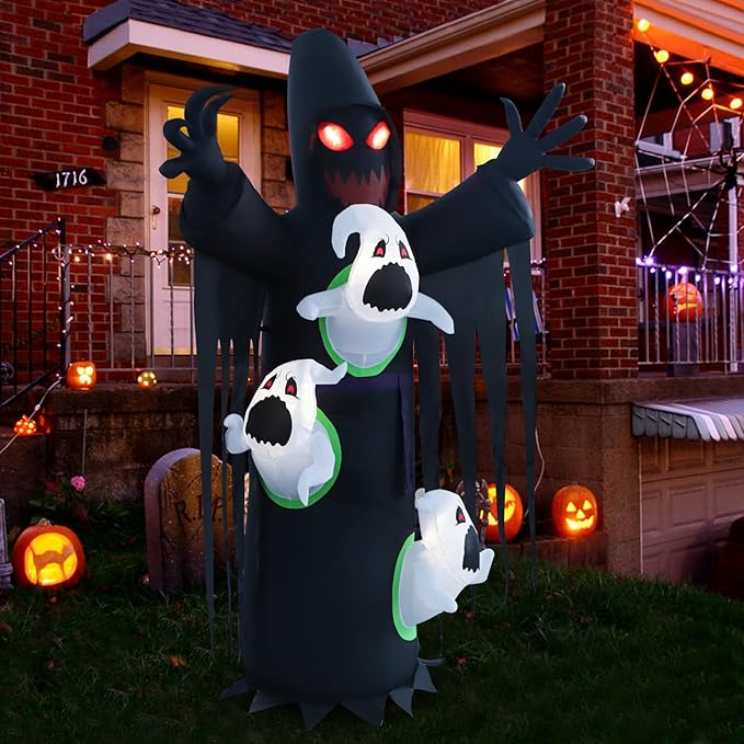 8ft Harvester with Runaway Ghost on Chest Halloween Inflatable Outdoor Decoration, Yard Decorations with LED Lights for Outdoor Lawn, Garden, Home Holiday Party