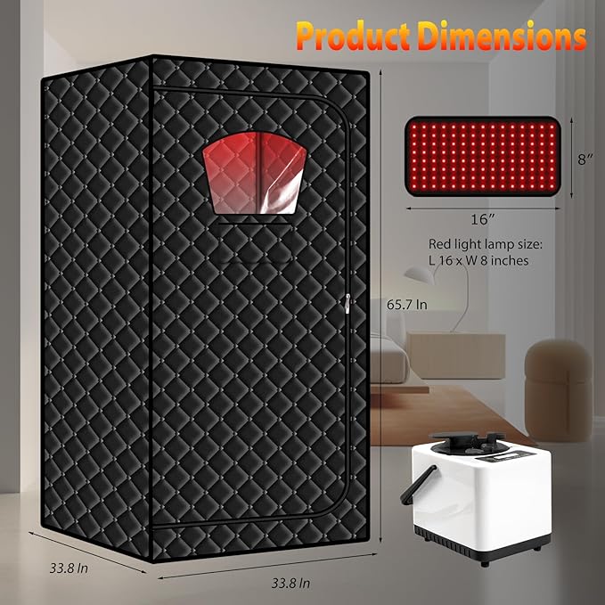 Gollense Portable Sauna for Home with 660nm Red Light Therapy Lamp, Full Body Sauna Sweat Tent with 3L 1100W Steamer, Thicken Sauna Box, Folding Chair, Adjustable Temperature, Timer Setting, Black