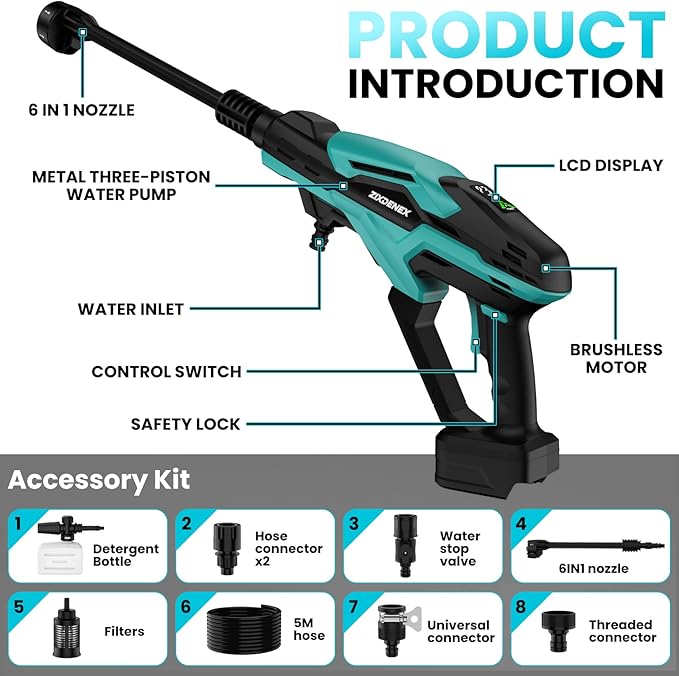 Cordless Pressure Washer for Makita 18V Battery, 800 PSI Portable Handheld Power Washer with Brushless Motor, 6-in-1 Nozzle, 3 Level Adjustable for Car Yard Fence Wall Cleaning (Battery Not Included)