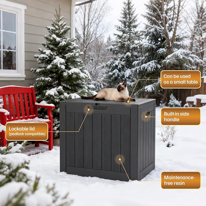 31 Gallon Deck Box, Small Outdoor Storage Box Waterproof, UV-Resistant and Weatherproof Outside Resin Storage Bin for Outdoor Patio Furniture Pillows, Pool Supplies, Garden Tools, Black