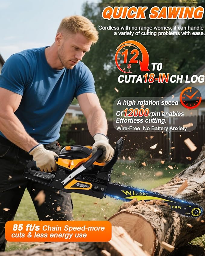 63cc Gas Powered Chainsaw 20 Inch, 3.2KW 2-Stroke Engine, Heavy Duty Gas Chain Saw with 2 Chains & 2 Bars, Automatic Oiler, Anti-Vibration Handle for Logging, Firewood & Tree Cutting