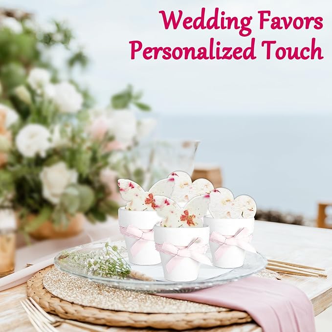 Set of 6 Seed Paper – 6 Pink Butterflies & 6 White Pots with Bow for Weddings & Life Events