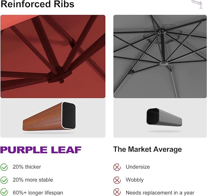 PURPLE LEAF 9' X 12' Double Top Deluxe Wood Pattern Rectangle Patio Umbrella Offset Hanging Umbrella Outdoor Market Umbrella Garden Umbrella, Brick Red