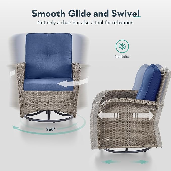 6 Piece Patio Furniture Set - Wicker Patio Conversation Set with Swivel Glider, Glider Loveseat, Tempered Glass Side Table and 2 Ottomans for Deck Backyard - Grey Wicker Blue Cushion