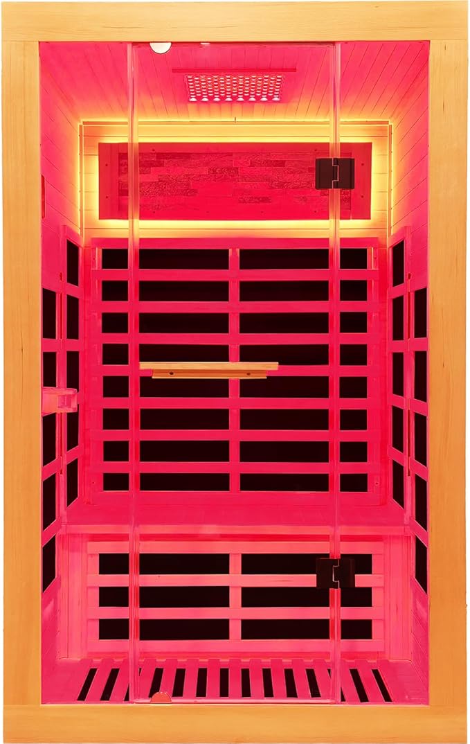 Infrared Sauna 2000W Wooden Saunas Home Spa Room Canadian Hemlock Wood Low-EMF Indoor Saunas with with Red Light Beauty Lamp for Two Person 74.8 * 47.2 * 41.3Inch