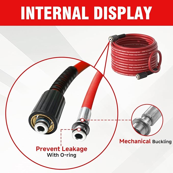 1/4"*50FT Pressure Washer Hose,Kink-Free with M22-14mm Stainless Steel Thread Power Washer Hose,Stainless Steel Adapter Set(5-piece),Suitable for Ryobi,Troy Bilt,Greenworks,Simpson（3600PSI)