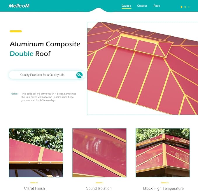 MELLCOM 12' x 16' Hardtop Gazebo, Wooden Finish Coated Aluminum Frame Outdoor Gazebos with Aluminum Double Roof, Claret Metal Gazebo with Curtains and Nettings for Patios, Gardens, Lawns