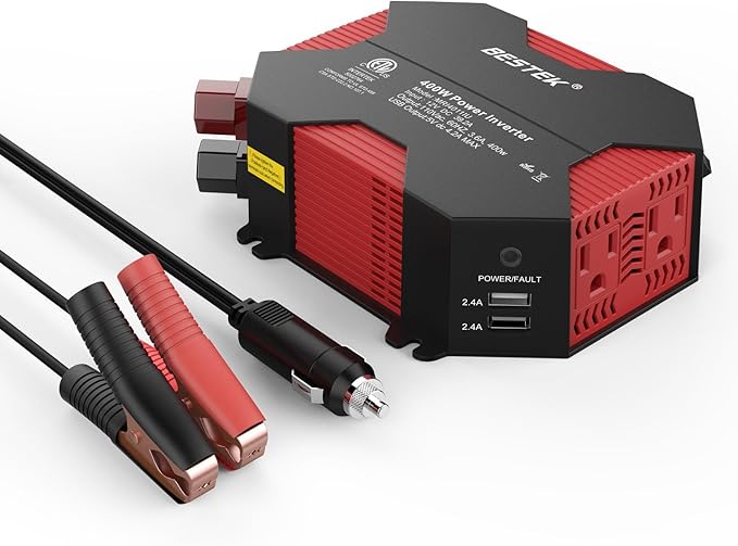 BESTEK 400W Car Power Inverter DC 12V to AC 110V Car Plug Inverter Adapter Power Converter with 4 USB Charging Ports and 2 AC Outlets Car Charger, ETL Listed