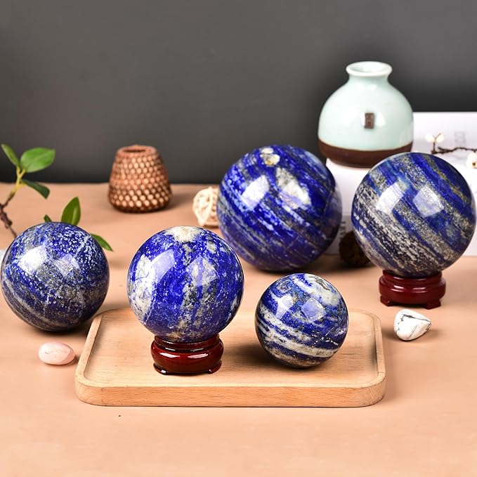 JIC Gem Large Blues Lapis Lazuli Crystal Sphere Ball with Wooden Stand Quartz Crystal Ball Healing Crystal Sphere 90-100mm