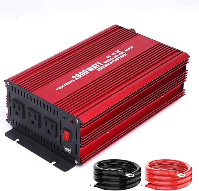 Power Inverter 2000 Watt, Modified Sine Wave Power Converter 2000W DC 12V to 110V AC Car Inverter with 2.4A USB Ports 3 AC Outlets Red