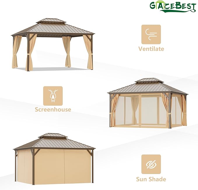 12x14 ft Hardtop Gazebo Outdoor Aluminum Patio Gazebo Double Roof Galvanized Steel Canopy with Netting and Curtains for Garden, Backyard,Deck and Lawns