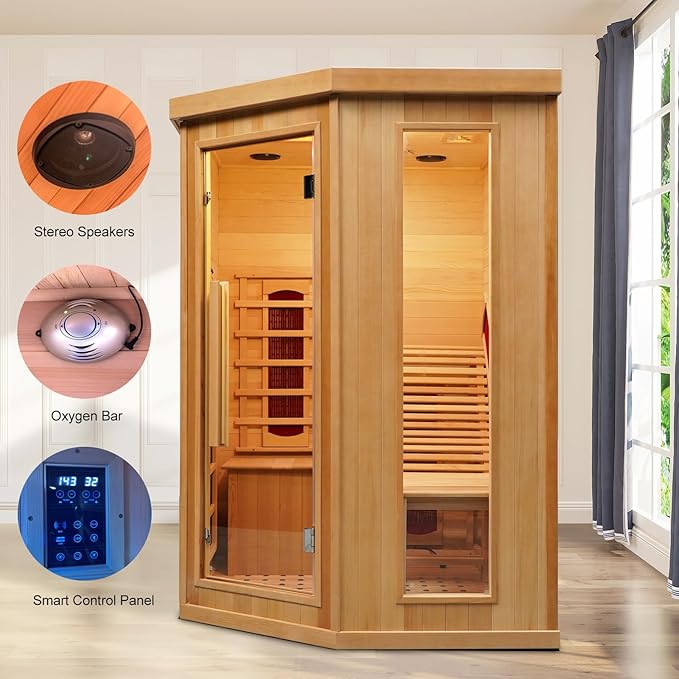 Smartmak Far Infrared Wood Sauna, 1 or 2 Person Full Spectrum Red Light Therapy Luxury Recliner Home Corner Sauna, Indoor Canadian Hemlock Dry Spa, 2300W with 8 Heaters, Speakers, Lights, Oxygen Bar