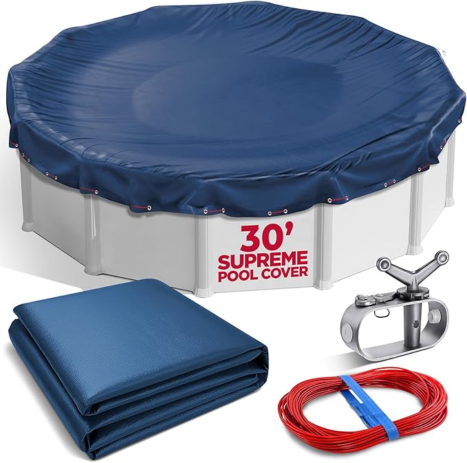30 ft Round Pool Cover for Above Ground Pools, Above Ground Pool Cover, Swimming Pool Cover, Winter Pool Cover, Keeps Out Debris, Cold and UV Resistant, Supreme Mesh, Navy Blue