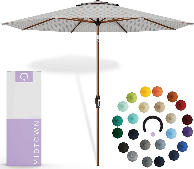 Midtown Umbrellas Sunbrella Umbrella Outdoor Patio Umbrella 2-8 Feet in Infused Gem Acrylic Fabric - Auto-Tilt Aluminum Frame For Backyard Umbrella, Deck Umbrella & Porch Umbrella - Wooden Pole