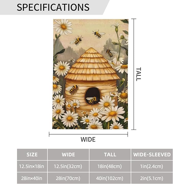 Bee Flower Garden Flag Vertical Double Sided Outdoor Yard Flags 12.5x18 Inch Burlap Banners for House Lawn