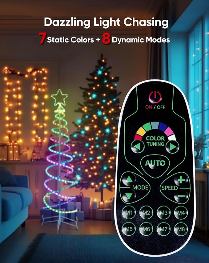 Double Spiral Christmas Tree Light Outdoor, Color Changing Remote Control Outdoor Light Up Christmas Tree with 8 Modes, 24V Plug&Play ETL Waterproof for Xmas Yard, RGB+IC, 7FT
