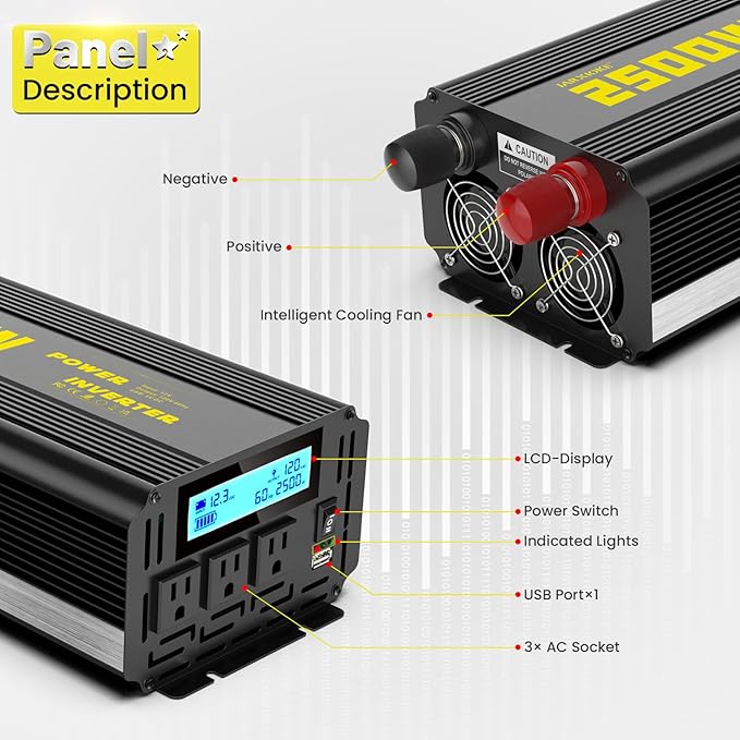 2500 Watt Modified Sine Wave Power Inverter, 12V DC to AC 110V/120V (Peak) 5000W Converter 3 Outlet Car Inverter with Remote Control and LED Display 3.4A USB Port