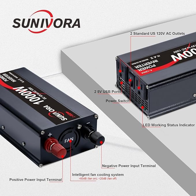 1000 Watt Inverter 12V DC to 110V/120V AC 60HZ 2000 Watt(Peak) Car Power Inverter with 2 AC Outlets & Dual USB Ports for Car Vehicle Truck Camping
