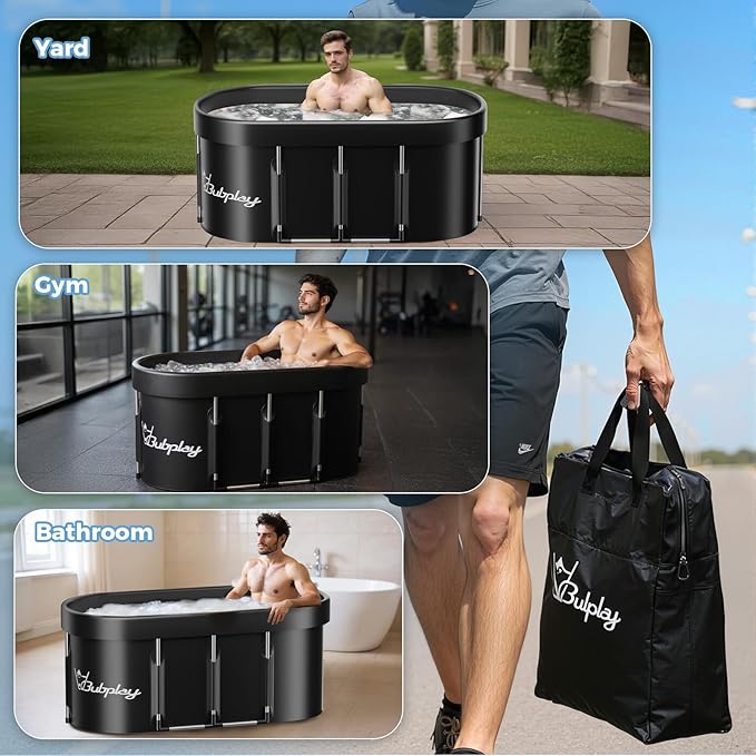 140 Gallons Large Oval Ice Bath Tub for Athletes & Adults, Cold Plunge Tub with Cover, Ice Plunge Tub for Recovery & Cold Water Therapy, Inflatable Ice Bath Barrel for Indoor Outdoor- Black