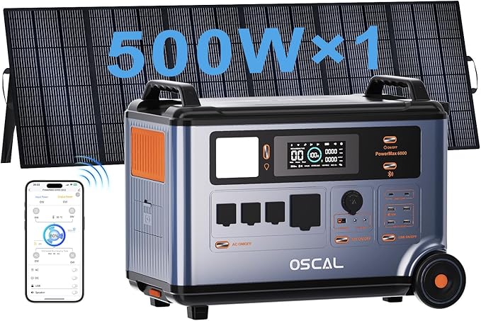 OSCAL Promax6000 Solar Generator with 1x500W Solar Panel,6000W(Peak 7200w),120V/240V Dual Voltage Portable Power Station,3600WH Lifepo4 Battery 14 Outlets,2200W 1.96H Fast Charge,for Home Backup,RV.