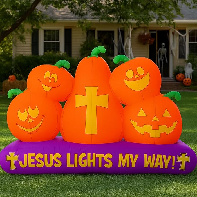 Chivao 5 ft Halloween Christian Inflatable Pumpkins Decoration for Outdoor Jesus Lights My Way Inflatable Pumpkins Trunk or Treat Blow up Yard Decor Halloween with LED for Garden Lawn Holiday Decor